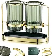 Utensil Holder, Utensil Holder Drying, Kitchen Countertop Utensil Holder with 2 Cups and Gold Iron Frame, Modern Utensil Crock, Cutlery Caddy, for Fork, Spoon, Knife and Flatware Silverware, Gold & White & Green (GOLDEN, GREEN)