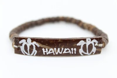 Coconut Shell Bracelet "Hawaii" Tag - 7", Dark Brown Shell (Thin), White Turtle