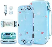 FUNDIARY Cute of Sam Penguin Carrying Case for Nintendo Switch OLED, Blue Skiing Penguin Portable Travel Case Bundle for Switch Console & Joycon with Dockable PC Cover, Screen Protector & 2 Thumb Caps
