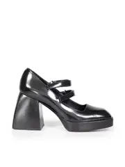 Black Leather Mary Jane Square Toe Pumps