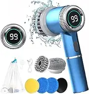 Electric Spin Scrubber，IPX7 Waterproof Cordless Electric Cleaning Brush with 5 Replaceable Brush Heads Handheld Power Electric Scrubber for Cleaning Bathrooms Bathtub Cars and Kitchens（Blue)
