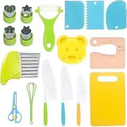 17 Pieces Kids Safe Knives for Real Cooking, Toddler Knife Set Include 3 Toddler Knives with Serrated Edges, Cutting Board, Sandwich Cutters and Y Peeler Montessori Kitchen Tools for Toddlers