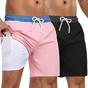 [ATOFY] Mens Swim Trunks with Compression Liner 7 Inch 2 Pack Swim Shorts 2 in 1 Quick Dry Board Shorts Beach Wear, Black Dark Grey+pink Blue, Large
