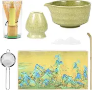8Pcs Matcha Whisk Set Complete Matcha Making Set with Ceramic Whisk Holder Matcha Bowl Tea Scoop Matcha Whisk Tea Cloth Tea Strainer (Style 1)