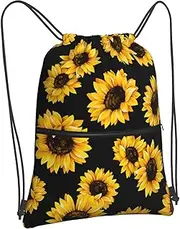 Newhomestyle Summer Sunflower Drawstring Bags, Floral Backpack Bag for Girl & Women, Yellow Black Outdoor Sport Gym Sack String Bag, Adults Knapsack for Yoga Gym Travel Swimming Hiking Camping