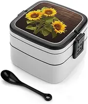 Rrtsmsgh Sunflower Plant Bento Box with Spoon, 2-layer Stackable Lunch Box Leak Proof with Invisible Handle, Insulated Food Storage for Office, Picnic & Travel