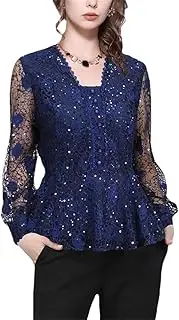 [Generic] Womens Long Sleeve Square Neck Hollow Out Sequined Lace Blouse 2025 Spring Summer Ladies Tops