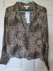 Topshop Leopard Print Blouse Long Sleeve V- Neck Top Size 8