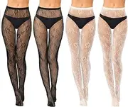[Jiuguva] 4 Pack Women's Patterned Tights Fishnet Stockings Floral Pantyhose Stockings Leggings Lace Tights for Women Girls