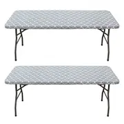 2pcs Rectangle Table Cloth Fitted Plastic Table Cover Elastic Edge Vinyl Folding Tablecloths for Picnic Party -Grey
