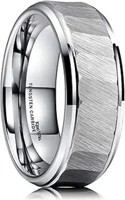 [King Will] HAMMER 8mm Mens Tungsten Carbide Ring Hammered Brushed Finish Beveled Edge Wedding Band Comfort Fit