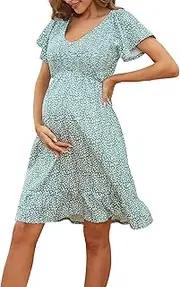 [Domee] Maternity Dress Floral Print V-Neck Midi A-Line Shirred Short Sleeves Ruffled Flowy Summer Boho Baby Shower Photoshoot