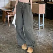 Drawstring Waist Plain Wide Leg Parachute Pants Grayish Green - M