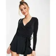 MISS SELFRIDGE Long Sleeve Slinky Wrap Mini Romper Black NWT Size 4