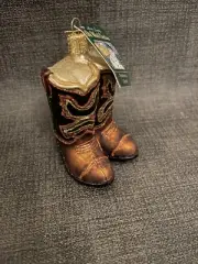 Old World Christmas OWC Cowboy Boots Brown Green And Gold Christmas Ornament NWT