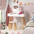 Kid Vanity Table Chair Set with Mirror Large Storage Drawers Wooden Legs White