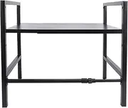 Extendable Microwave Oven Rack, Adjustable Height Toaster Shelf, Kitchen Countertop Baker Storage Rack with 6 Hooks Easy to Install for Kitchen Garage Living Room