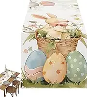 Easter Table Runner - Bunny Eggs Printing Rectangular Table Cloth - Easter Washable Table Cloth for Easter Holiday Farmhouse Table Decoration