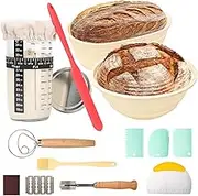 Sourdough Starter Kit Bread Baking Supplies Bread Proofing Basket 9 inch Round & 10 inch Oval Bread Proofing Basket, 24Oz Jar (700ml Glass, Round and Oval Basket)
