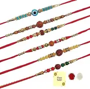 [DMS RETAIL] Elegant Rakhi for Beloved Brother Set Of 6 Rakhi For Brother Rudraksh And Evil Eye Rakhi Greetings Card For Rakhi, large, Fabric