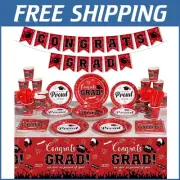 357 Pcs Graduation Party Supplies - Red Plates, Tablecloth & Cleanup Utensils