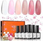 Modelones Gel Nail Polish Set, 6 Colors Jelly Gel Polish White Nude Pink Gel Neutral Nail Art Design Translucent Gel Nail Kits Soak Off LED Nail Lamp Cured Nail Manicure Salon DIY Easter Holiday Gifts