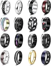 [Kakonia] 16Pcs Stainless Steel Fidget Rings for Men Women Stress Anxiety Relief Rings Black Cool Chain Band Spinner Rings Set for Wedding Promise Mens Rings Pack