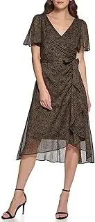 [DKNY] Women's Flutter Sleeve Side Ruched Faux Wrap Dress