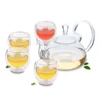 5in1 Glass Tea Set - High Handle Glass Teapot + 4x Double Wall Cups