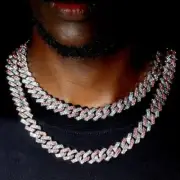 Hip Hop Pink Iced CZ Silver Plated Miami Cuban Link Baseball Necklace Chain 20"