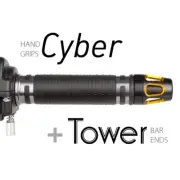 KiWAV Motorcycle Cyber Grips Dark Gray with Tower Bar Ends Gold/Black