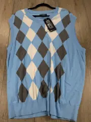 PGA Tour Sweater Mens XL Blue Argyle Print Sleeveless Knit Golf Pullover NWT