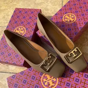 新款熱銷 tory burch tb女鞋金屬T扣粗跟平底鞋簡約低調真牛皮方頭小皮鞋工作鞋明星大牌同款服裝包包