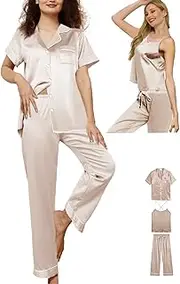 [WJing Yi Jia] 3Pcs Womens Satin Pajamas Set Silk Pj Sets Sexy Camisole Tops And Pants Silky Pajama XS-4XL Pjs Sleepwear