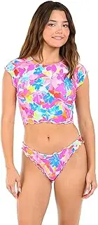 [Citrus] Swimwear Women's Standard Crop Rashguard Swimsuit Top, Multi//Sunset Tide, Medium