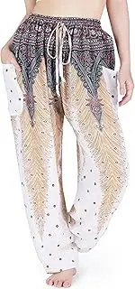 [Lannaclothesdesign] Women's Boho Yoga Peacock Drawstring Thai Harem Pants