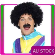 Mens 80s 1980s Scouser Set Liverpool Black Curly Wig & Tash Moustache Costume
