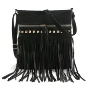 Women Faux Suede Crossbody Shoulder Bag Fringe Weave Tassel Messenger Handbag- Black
