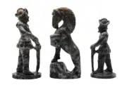 Medieval Figurines Set of Three Knight Sword Sculptures Armor Horse Gray Stone