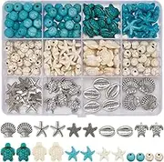 SUNNYCLUE 1 Box 220-Piece Beach Beads Set Turtle Beads Loose Stone Alloy Silver Hawaiian Lucky Charm White Green Sea Animal Shell Starfish Spacer for Jewellery Making Sets DIY S
