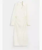 Wrap Shirt Dress H&M Off White Cream Collared Bridal Maxi Midi NWT Extra Small