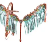 Painted Steer Skull & Cactus Headstall & Fringe Breast Collar Set & Reins NEW