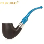 MUXIANG Ebony Wood Tobacco Pipe Handmade 9mm Filter Blue Bent Stem Silver Ring