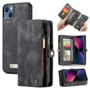 CaseMe For Apple iPhone 13/14/15 Zipper & Detachable Retro Leather Pouch Wallet Flip Purse Bag Detachable Phone Case Cover (Black)