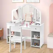 OLAKIDS Kids Vanity, 2 in 1 Wooden Girls Dressing Table and Chair Set for Toddlers with Tri-Folding Detachable Mirror, Storage Drawers, Pretend Beauty Princess Makeup Desk Play Toy Gift (White)