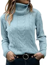 [NAVYN] High Neck Knit Sweater for Women Fall Winter Long Sleeve Soft Warm Knitted Pullover Womens Christmas Sweaters Tops(Light Blue,XL/X-Large)