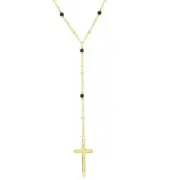 Sterling Silver GP Onyx and Plain Beads Cross Rosary Necklace
