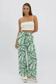Green Abstract Wide Leg Pants Elasticated Waist - Size 16XL, Women's Wide Leg Pants