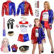Harley Quinn Costumes 13 PCS Set Joker 2 Suicide Squad Clown Cosplay Costume Outfits with Wigs Accessries Embroidered Women's Girls' Movie Cosplay Halloween Ca