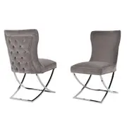 2x Dining Chairs Grey Fabric Upholstery Quilting Silver Colour Legs